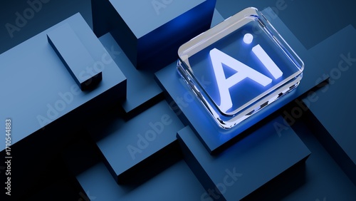AI, artificial intelligence logo on blue geometric square background. 3d render artificial intelligence concept,