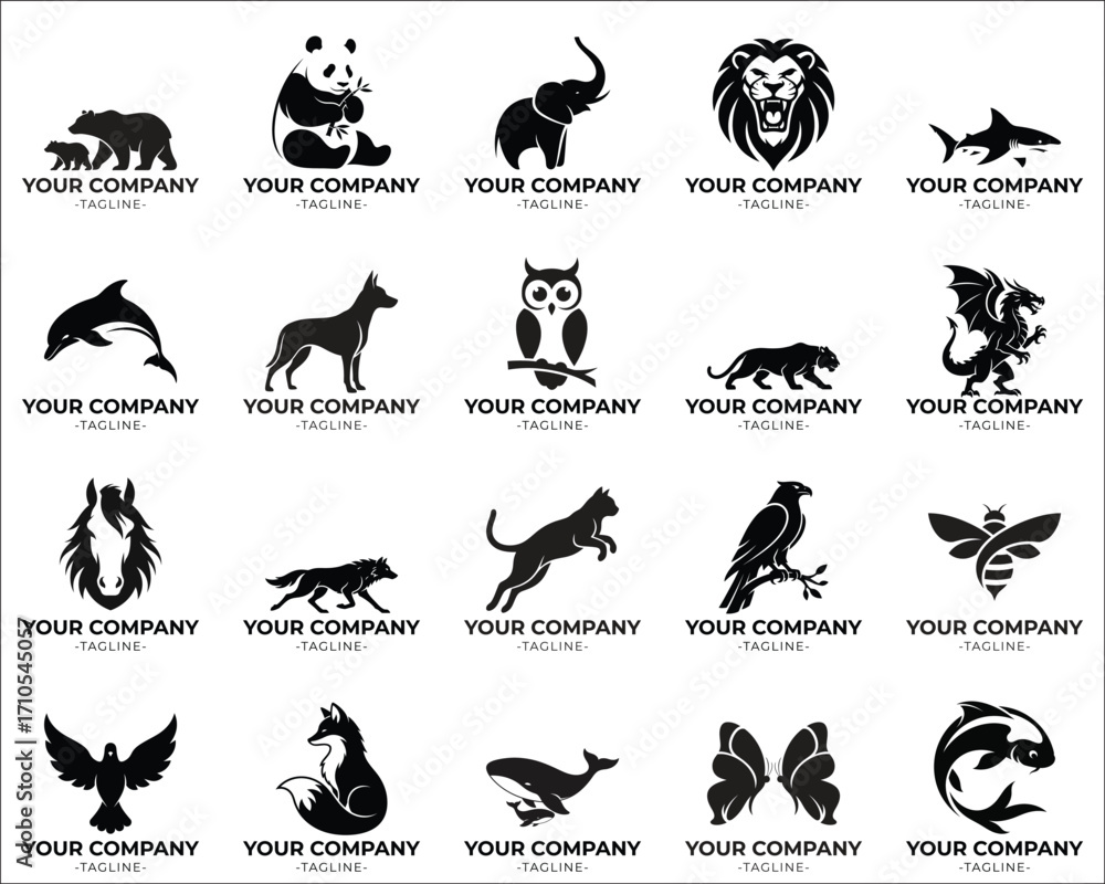 Obraz premium 20 Animal Logos Set Minimalist Logo of Lion, Wolf, Eagle, Tiger, Dragon & More 