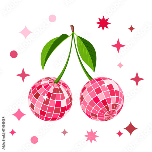 Vector trendy illustration of pink cherries mirrored disco balls. Design for party, summer poster, nightlife music event