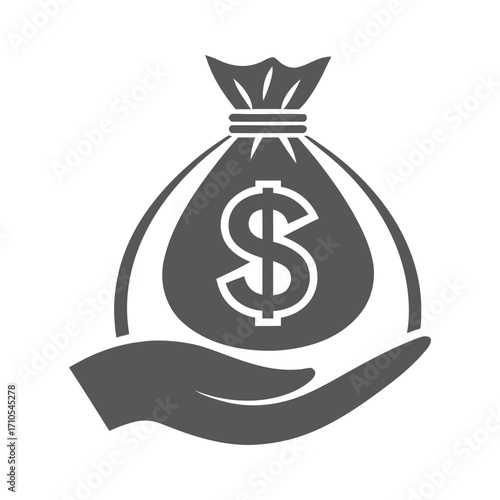 Hand holding a gray money bag with dollar sign vector