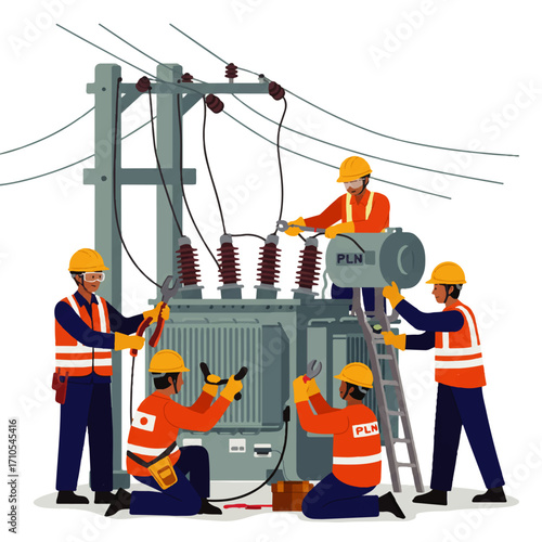 A group of electrical workers in safety gear are repairing a large power transformer connected to high-voltage power lines.