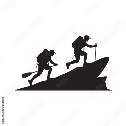 Two hikers with backpacks and poles climbing a rocky mountain silhouette isolated on white background technology background