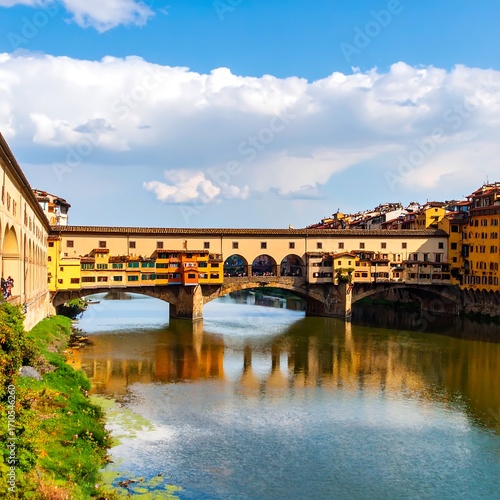 Colorful bridge over a calm river