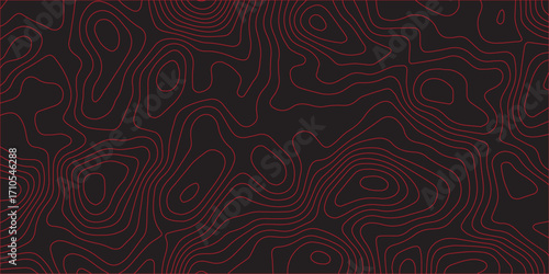 Geographic abstract mapping artwork red contour lines topographic map black background ultra wide panoramic terrain path cartography illustration vector artwork
