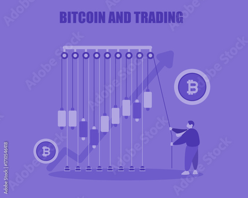 Illustration of bitcoin and trading showing candlestick charts, rising trend, and a person analyzing cryptocurrency market growth.