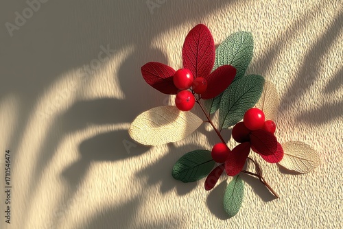 Decorative Red Berries and Colorful Leaf Arrangement on Textured Wall