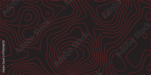 Detailed abstract topographic contour lines artwork in red on black background panoramic ultra wide format showing geographic mapping illustration elevation terrain curves conditional scheme concept 
