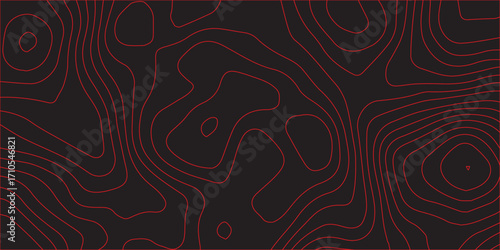 Abstract topographic contour map illustration with red contour lines over black background showing detailed terrain mapping geographic elevation curves modern cartography scheme concept wide style