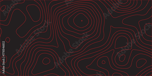 Ultra wide panoramic topographic contour lines artwork abstract red on black design background geographic terrain path illustration mapping conditional cartography concept vector style decoration