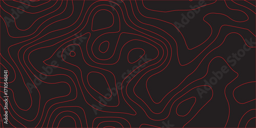 Ultra wide panoramic topographic contour lines artwork abstract red on black design background geographic terrain path illustration mapping conditional cartography concept vector style decoration