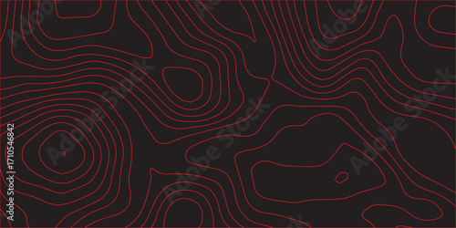 Ultra wide panoramic topographic contour lines artwork abstract red on black design background geographic terrain path illustration mapping conditional cartography concept vector style decoration