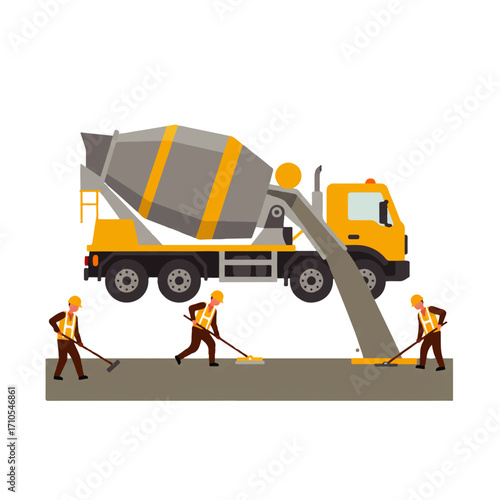 Construction workers smoothing fresh concrete poured from a cement mixer truck, wearing safety vests and helmets.