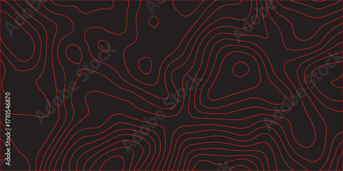 Abstract topographic contour line pattern design in red on black surface ultra wide panoramic artwork detailed terrain path conditional scheme concept modern geographic mapping vector illustration
