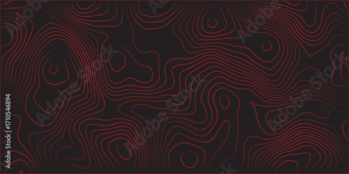 Abstract topographic contour line pattern design in red on black surface ultra wide panoramic artwork detailed terrain path conditional scheme concept modern geographic mapping vector illustration