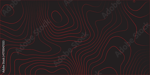 Ultra wide panoramic abstract topographic map with red contour lines on black background modern terrain path mapping illustration conditional geography scheme concept cartography artwork design for ve