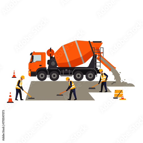 Illustration showing construction workers pouring concrete from a mixer truck onto a road surface, with safety cones and equipment nearby.