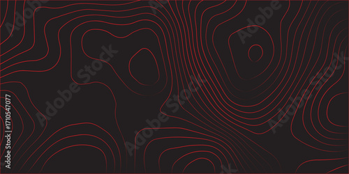Ultra wide panoramic abstract topographic map with red contour lines on black background modern terrain path mapping illustration conditional geography scheme concept cartography artwork design for ve