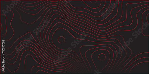 Abstract red topographic contour lines on black background ultra wide panoramic format modern cartography scheme concept conditional terrain path illustration geographic mapping artwork for design and