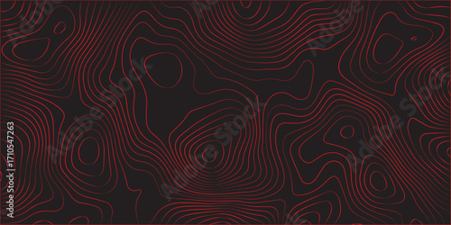 Topographic contour line artwork with abstract red lines on black background representing geographic terrain path mapping conditional scheme cartography design modern illustration in ultra wide panora