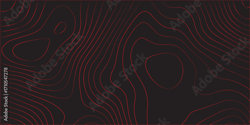 Topographic contour line artwork with abstract red lines on black background representing geographic terrain path mapping conditional scheme cartography design modern illustration in ultra wide panora