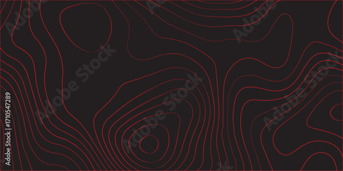 Modern abstract red contour line topographic map illustration on black background with geographic terrain path details cartography artwork conditional scheme concept ultra wide panoramic design for de