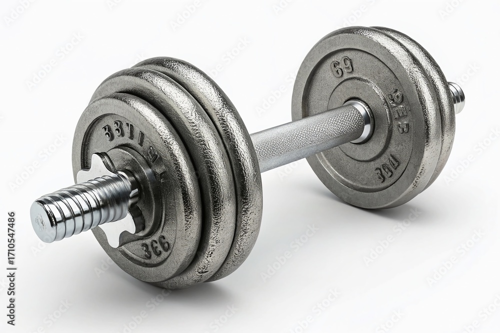 Naklejka premium Heavy iron dumbbell on a clean white background for a strength and fitness workout