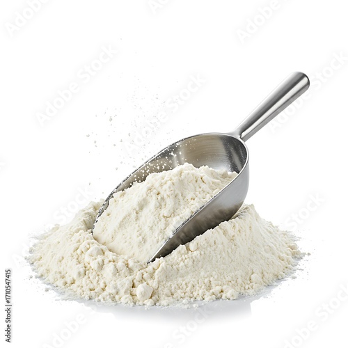 flour with scoop, isolated on white background