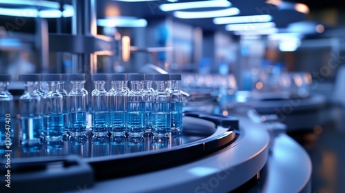 Advanced pharmaceutical lab with vials on automated production line