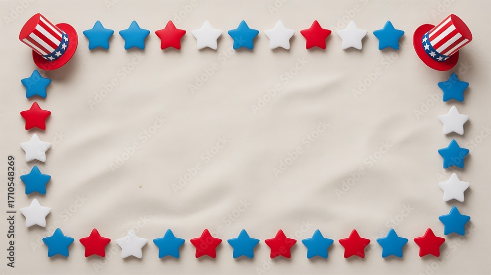 Obraz premium Photo of empty space framed by american flag stars and uncle sam hats on a sandy background for holidays