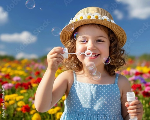 Smiling girl blowing soap bubbles in a colorful flower field, enjoying a sunny summer day outdoors