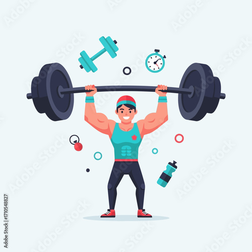 Muscular man lifting weights in gym