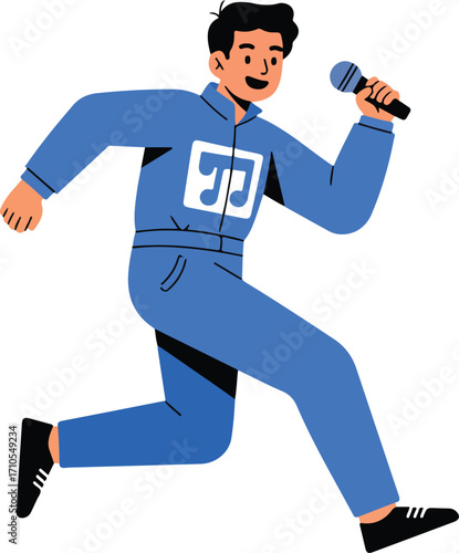 A man in blue jumpsuit joyfully sings into a microphone while running.