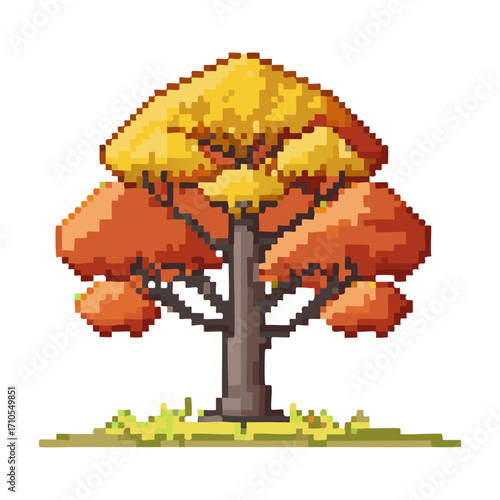 A vibrant pixel art illustration of a broad autumn tree with colorful orange and yellow foliage in a retro digital style