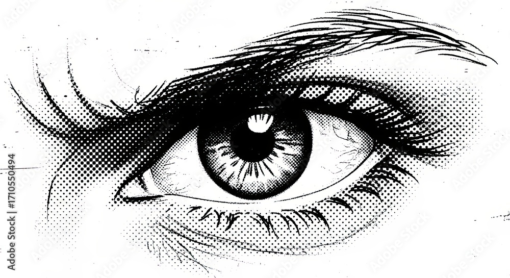 Obraz premium Human Eye with Angry Expression and Halftone Stipple Effect