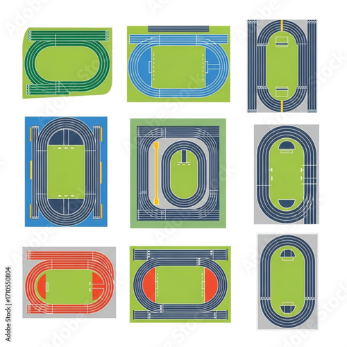Collection of Colorful Track and Field Layouts with Running Lanes and Green Fields.