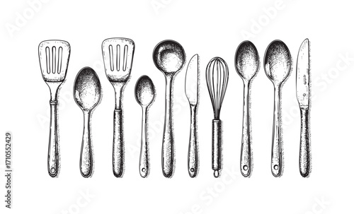Kitchen Utensils Engraving Vector