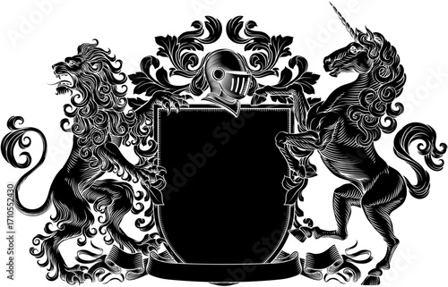 A unicorn and lion coat of arms or crest family heraldry medieval heraldic knight shield. With helmet and acanthus filigree scroll ornament in a vintage woodcut style.