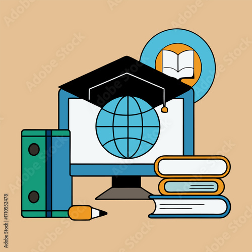 E-learning and distance education vector graphic showcasing digital tools for academic achievement and global knowledge access