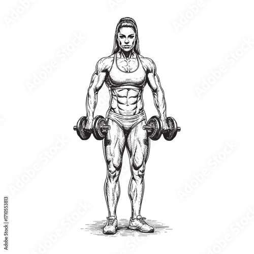 Muscular Woman Holding Dumbbells Hand-Drawn Sketch