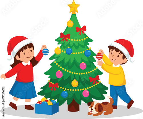 Christmas tree decoration, children with Santa hats, festive holiday scene, ornaments, gift box, dog, celebration, winter, joy, family tradition