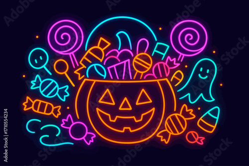 Vibrant neon Halloween illustration of a glowing jack-o’-lantern candy bucket filled with sweets, lollipops, and candy corn, surrounded by a ghost and festive elements, perfect for party posters, digi