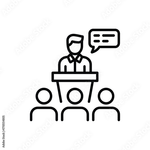 Speaker addressing an audience from a podium with a speech bubble