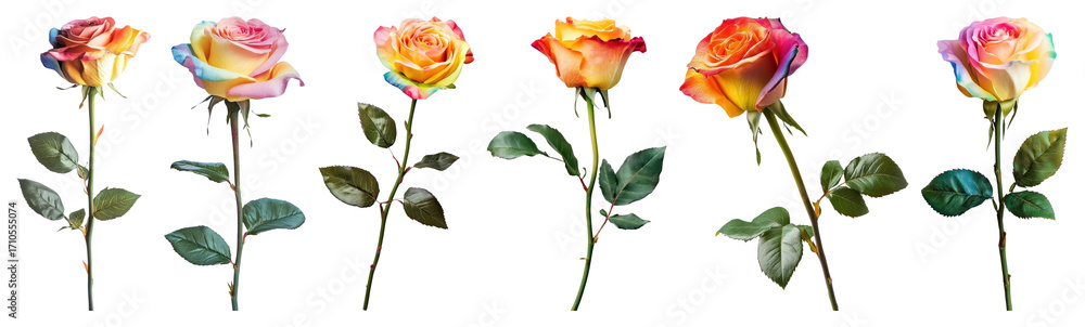 Fototapeta premium PNG Vibrant multicolored roses arrangement, element set on transparent background