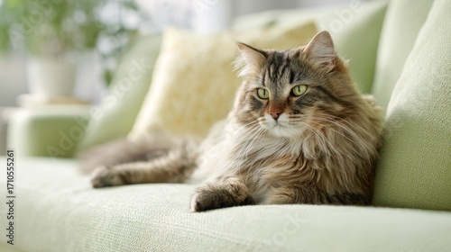 Wallpaper Mural Long-haired cat relaxing on green sofa in cozy living room setting Torontodigital.ca