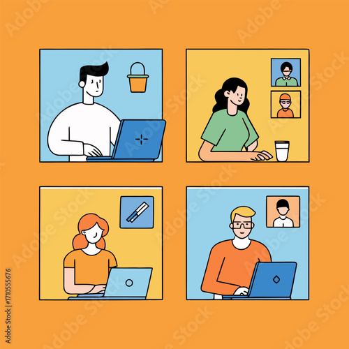 Remote work Vector illustration Diverse individuals collaborate using laptops and online communication