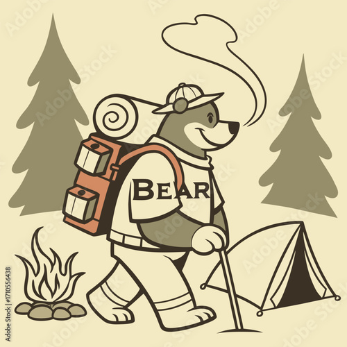 bear with camping gear vintage t-shirt style