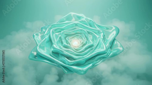 Abstract Turquoise Petal Shape Surrounded By Clouds with Light Source in Studio Shot