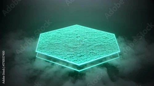 Abstract Turquoise Hexagon Platform Floating in Dark Smoky Background