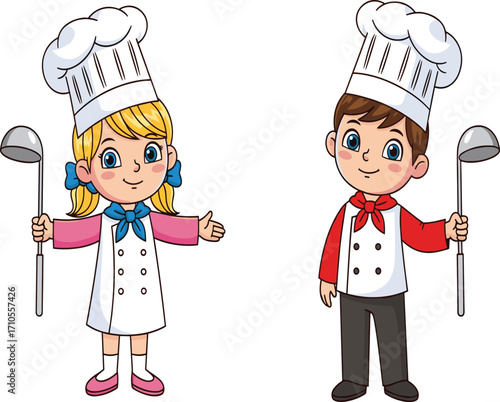 Cartoon children, chef costume, cooking kids, culinary illustration, kitchen fun, vector design, playful characters, food theme, professional attire, ladle pose