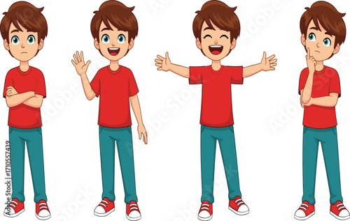 Cartoon boy character, emotional expressions, body language, red shirt, teal pants, vector illustration, kids emotions, playful poses, character design